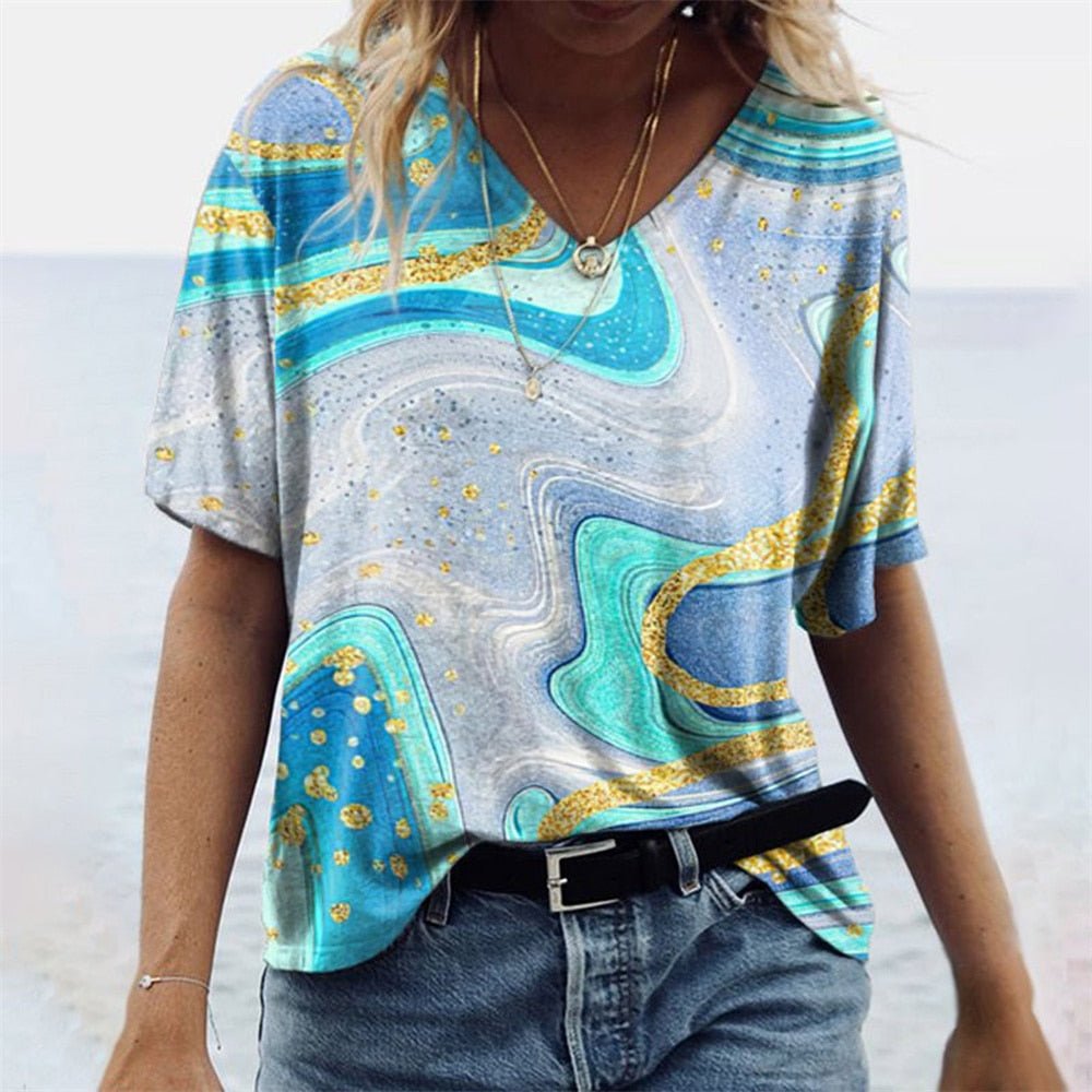 T-Shirt Femme Imprimé Col V Manches Courtes - Carnale