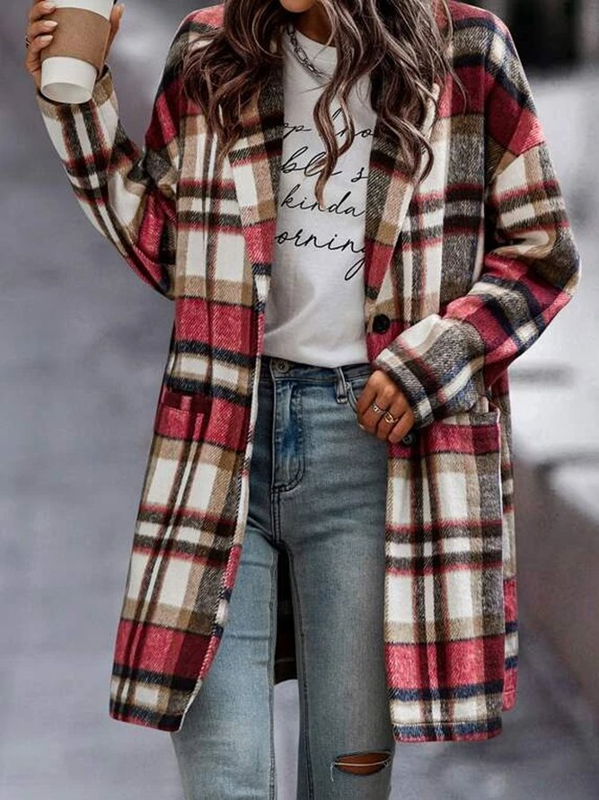 Margaux - Manteau Long À Carreaux Rouge, Blanc Et Noir Avec Boutons
