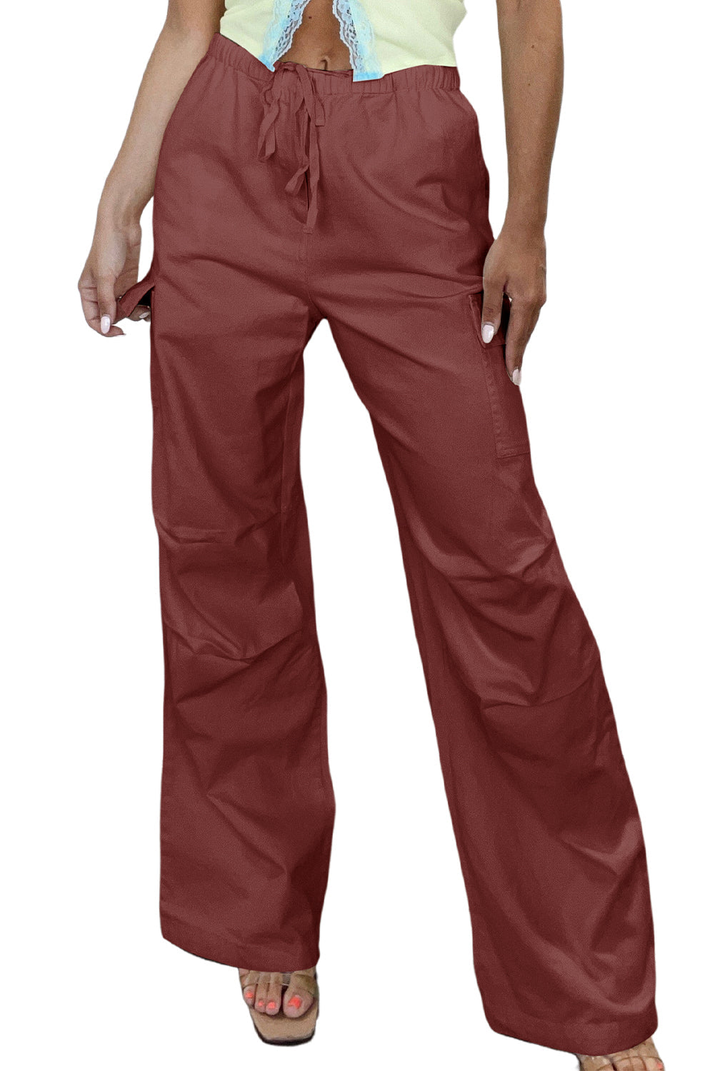 Romain – Pantalon Cargo Rouge Minéral Avec Cordon De Serrage Et Jambes Larges