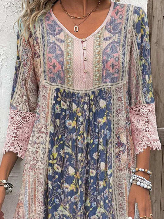 Robe Bohème Femme en Dentelle Fleurie - Marine