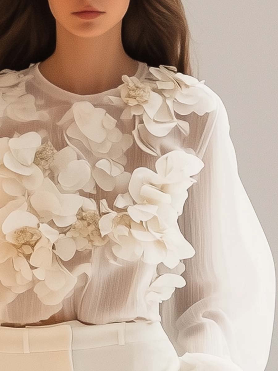 Sophie - Blouse Chiffon Élégante Fleurs 3D Femme