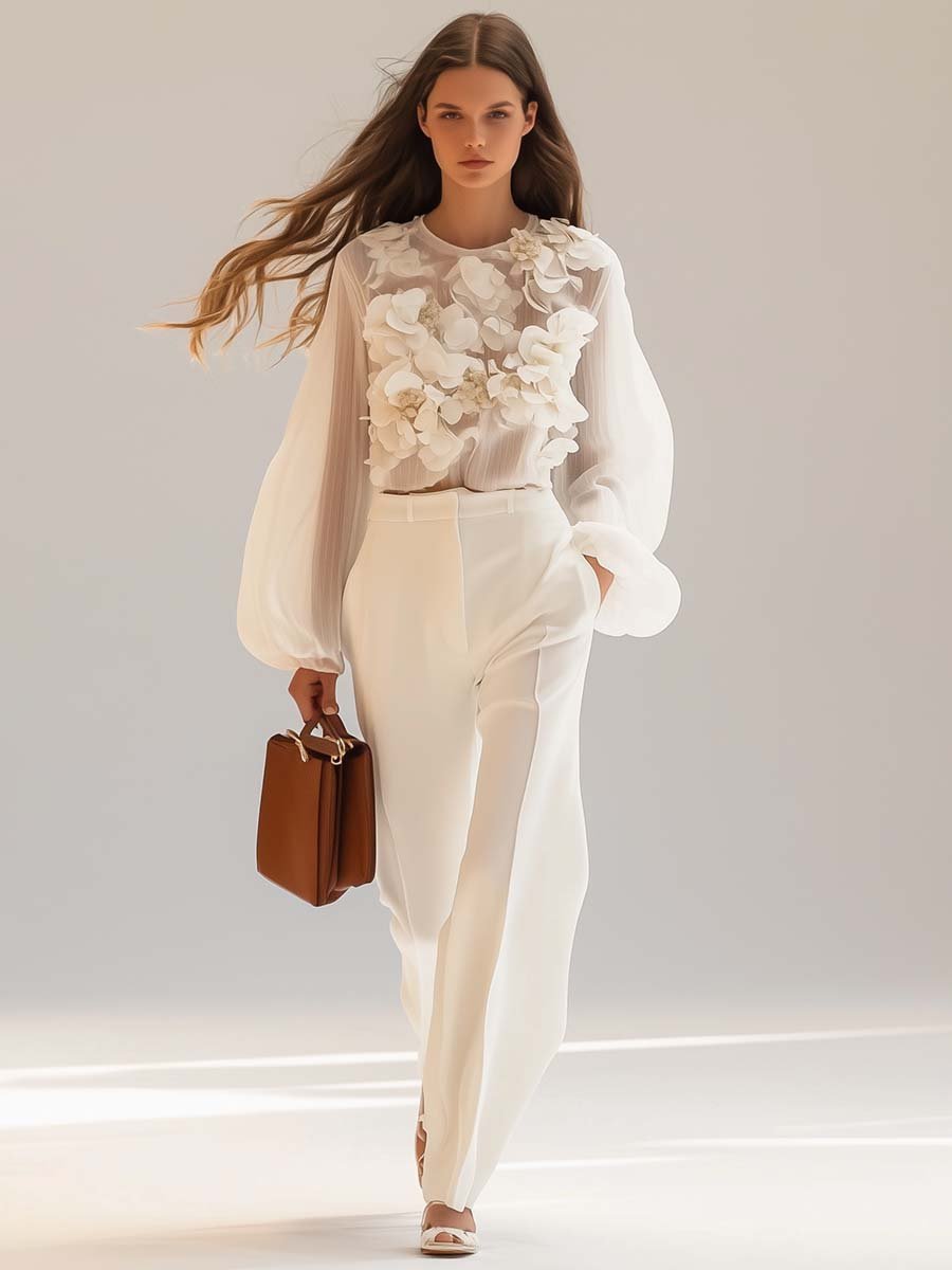 Sophie - Blouse Chiffon ĂlĂ©gante Fleurs 3D Femme