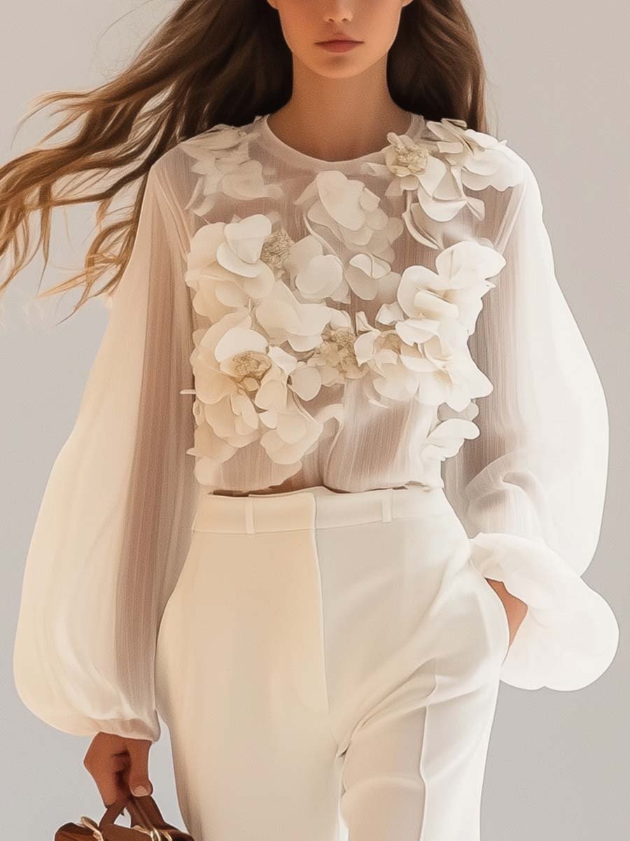 Sophie - Blouse Chiffon ĂlĂ©gante Fleurs 3D Femme