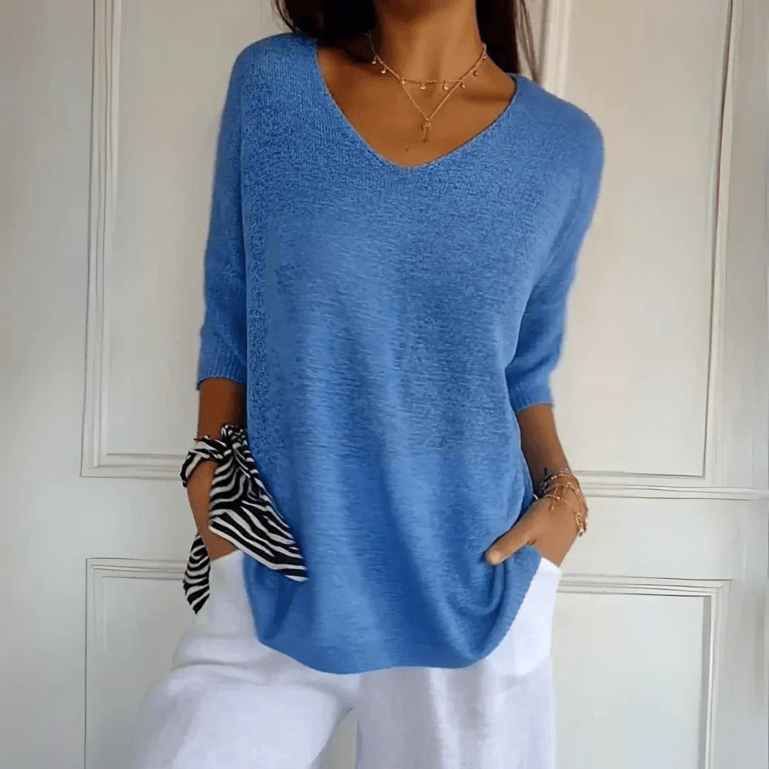 Top Femme En Maille Col V Manches Mi-Longues - Lena