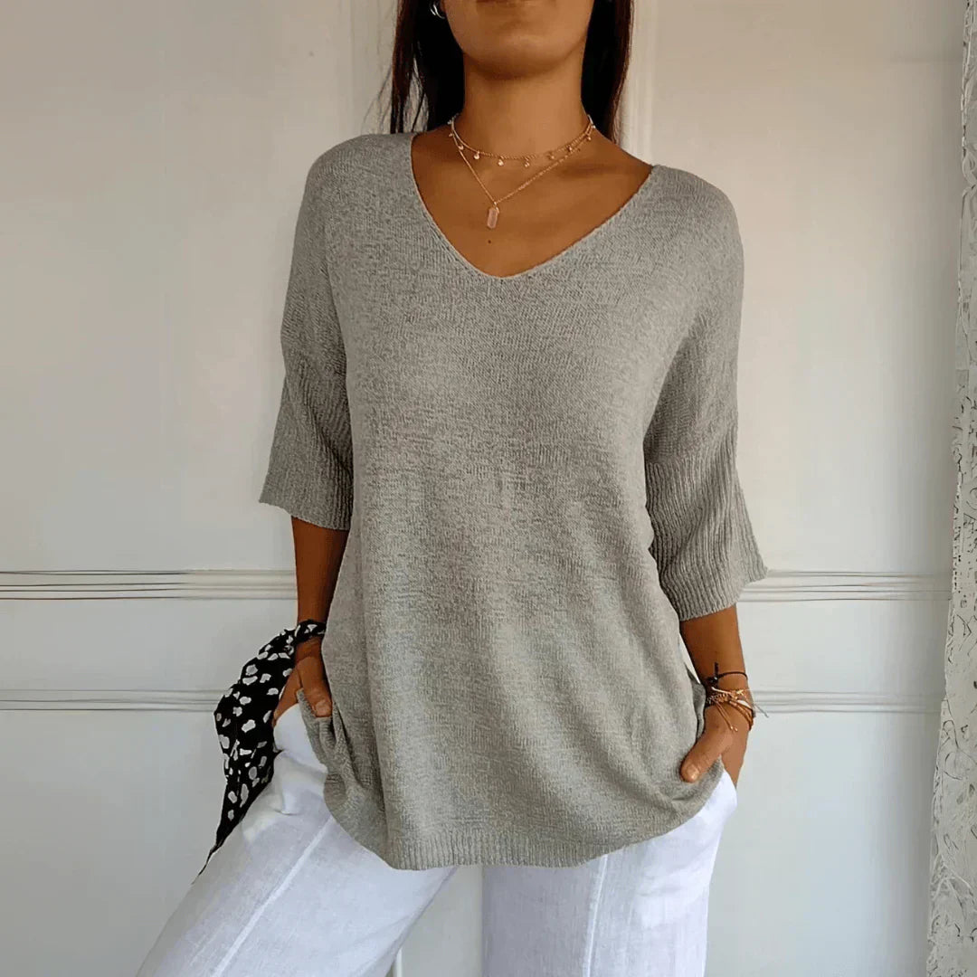 Top Femme En Maille Col V Manches Mi-Longues - Lena