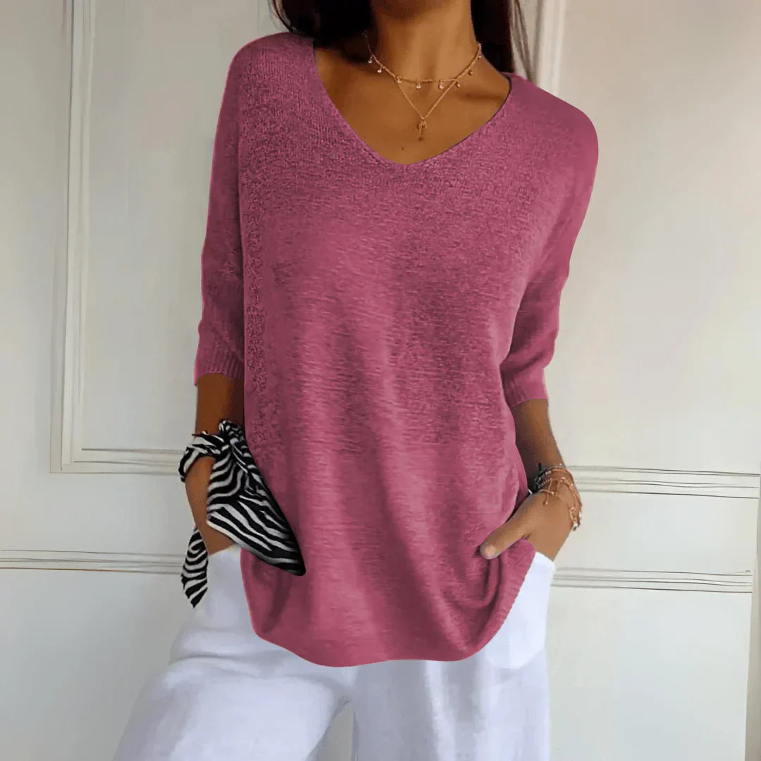 Top Femme En Maille Col V Manches Mi-Longues - Lena