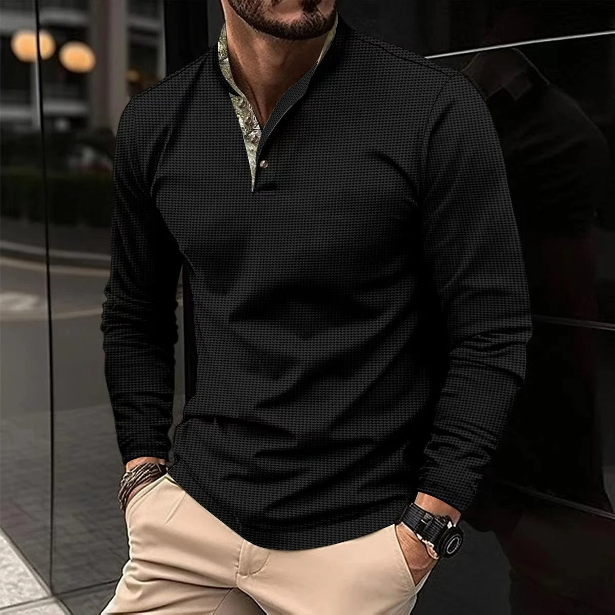 Marco - T-shirt Henley Manches Longues Gaufré Homme