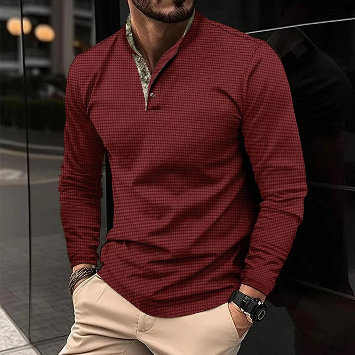 Marco - T-shirt Henley Manches Longues Gaufré Homme