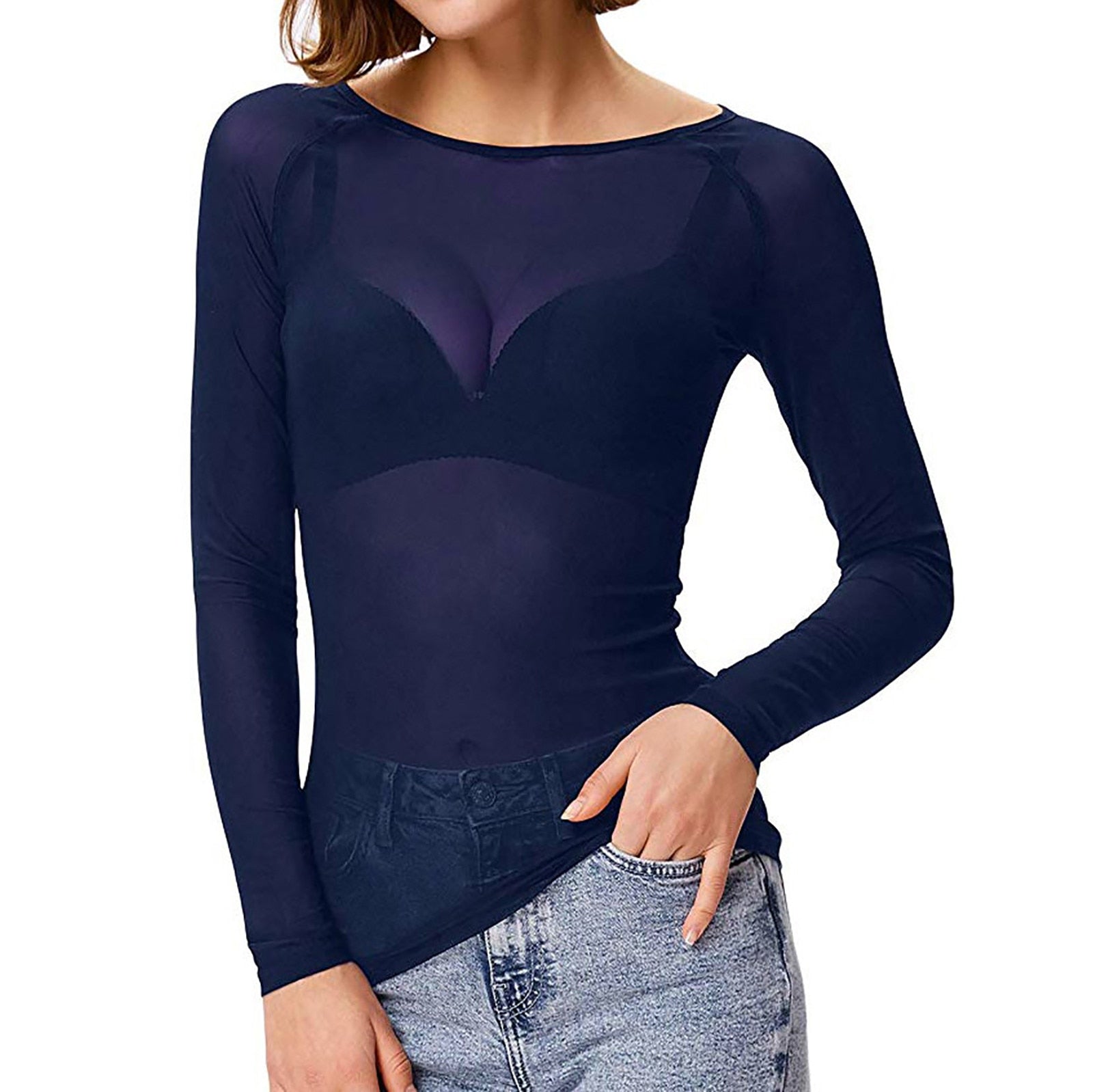 Camille - Top Mesh ĂlĂ©gant Manches Longues Femme