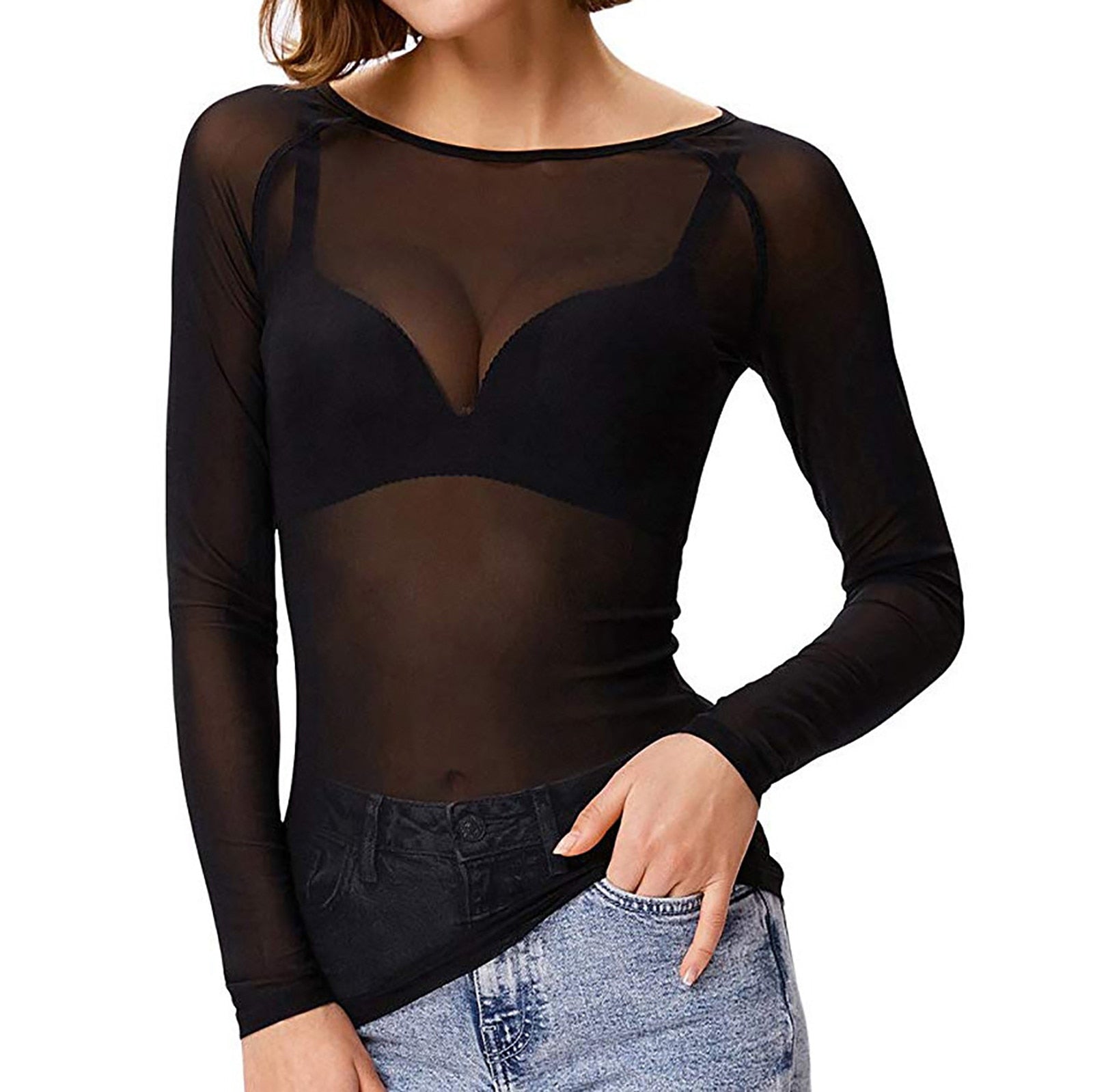 Camille - Top Mesh ĂlĂ©gant Manches Longues Femme