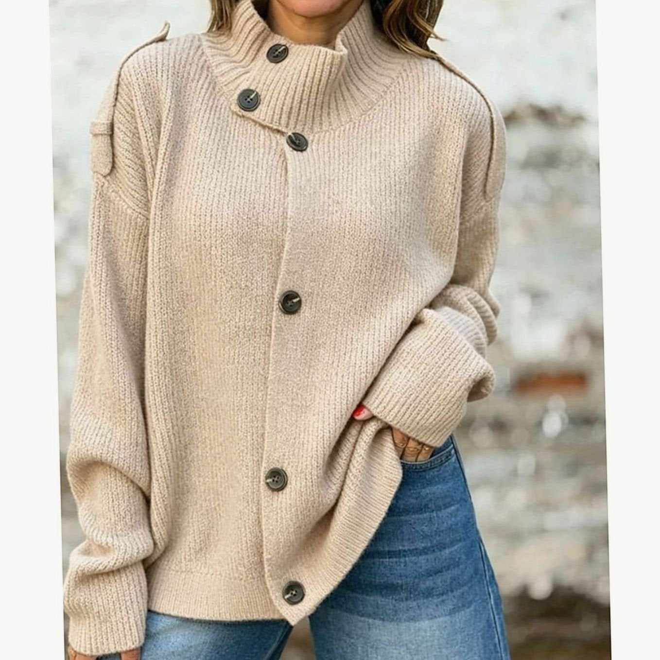 Karine - Cardigan Élégant Oversize Col Montant