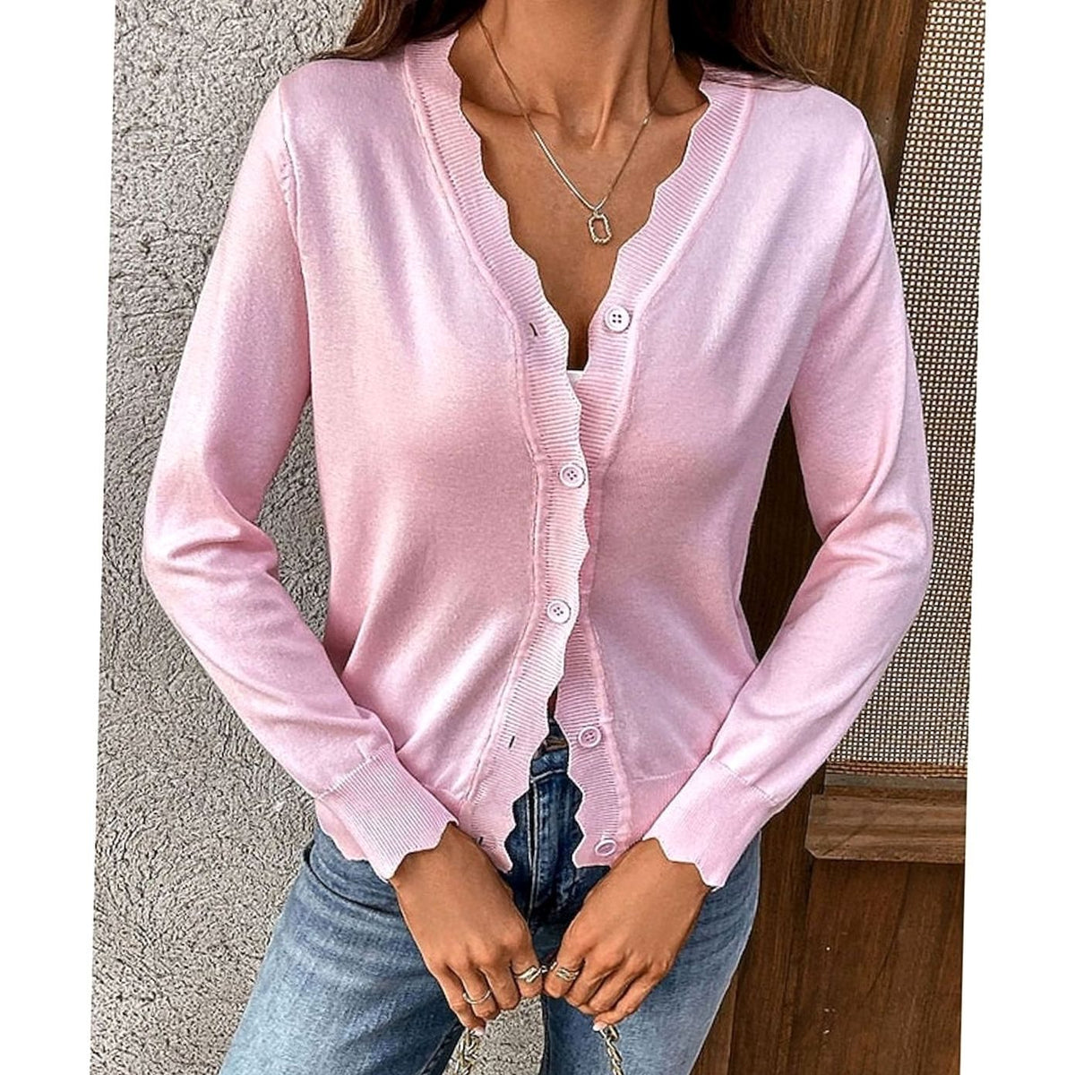 Nathalie - Cardigan Élégant Boutonné Bord Festonné