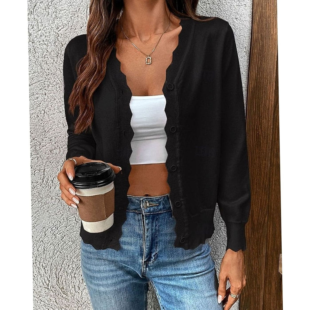 Nathalie - Cardigan Élégant Boutonné Bord Festonné
