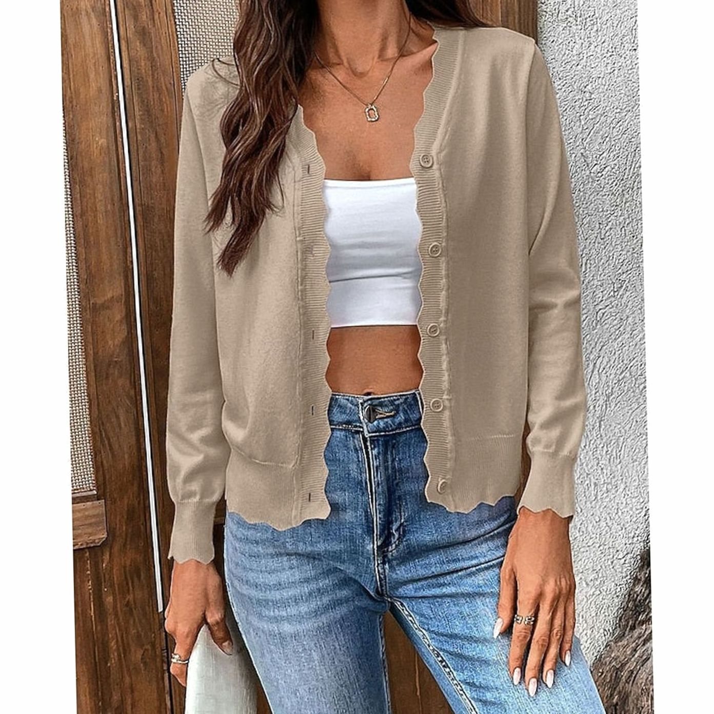 Nathalie - Cardigan Élégant Boutonné Bord Festonné