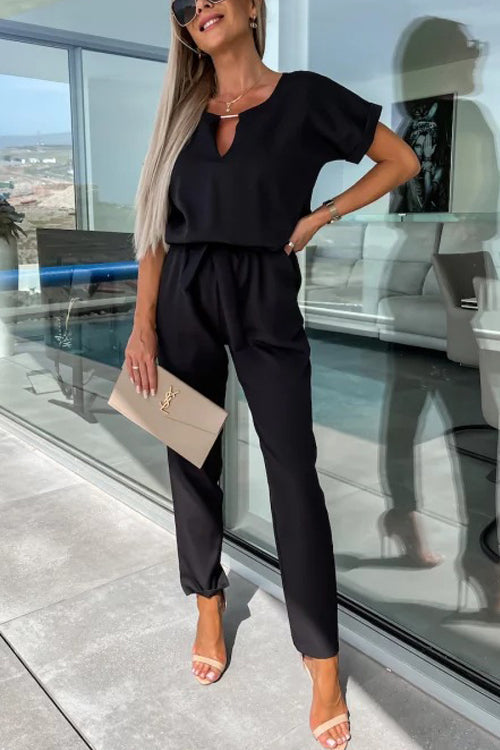 Madalena - Combinaison Noire Femme - Col en V avec Taille Élastique et Poches-2