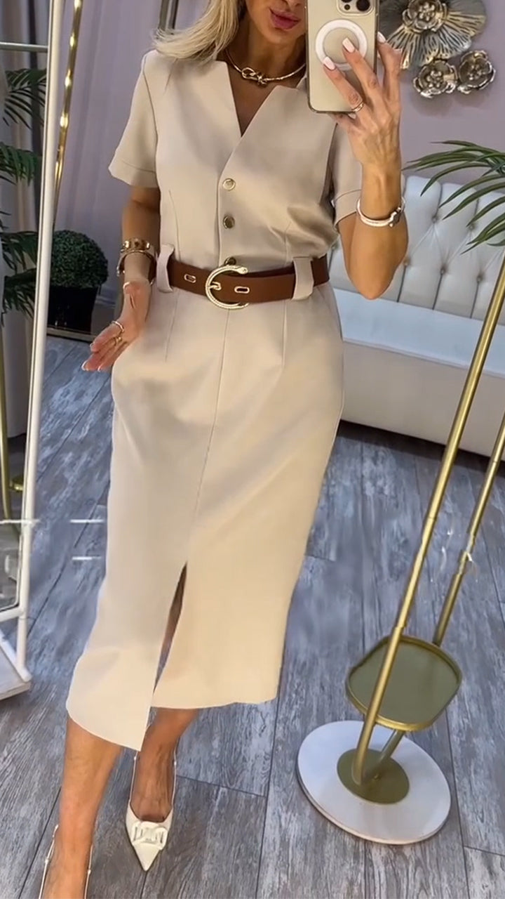 Robe midi femme ceinturée à fente - Caroline