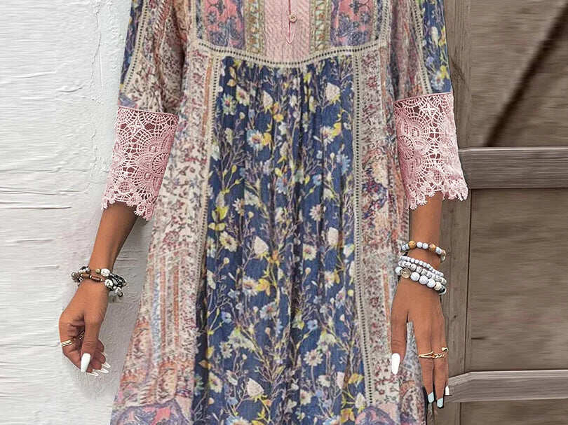 Robe Bohème Femme en Dentelle Fleurie - Marine