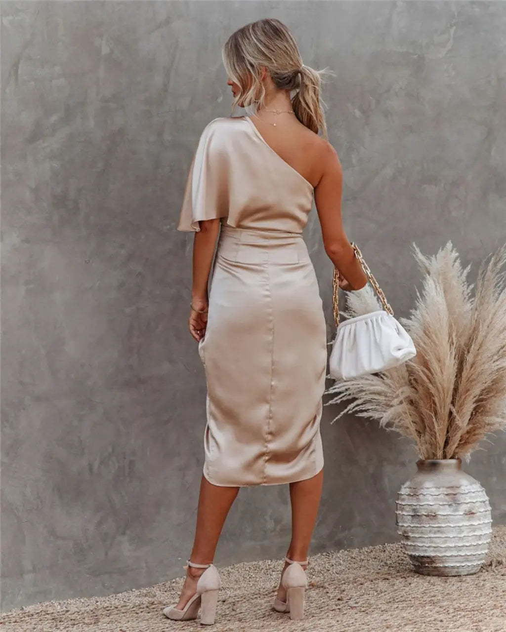 Océane - Robe Midi Satin Drapée Asymétrique Femme