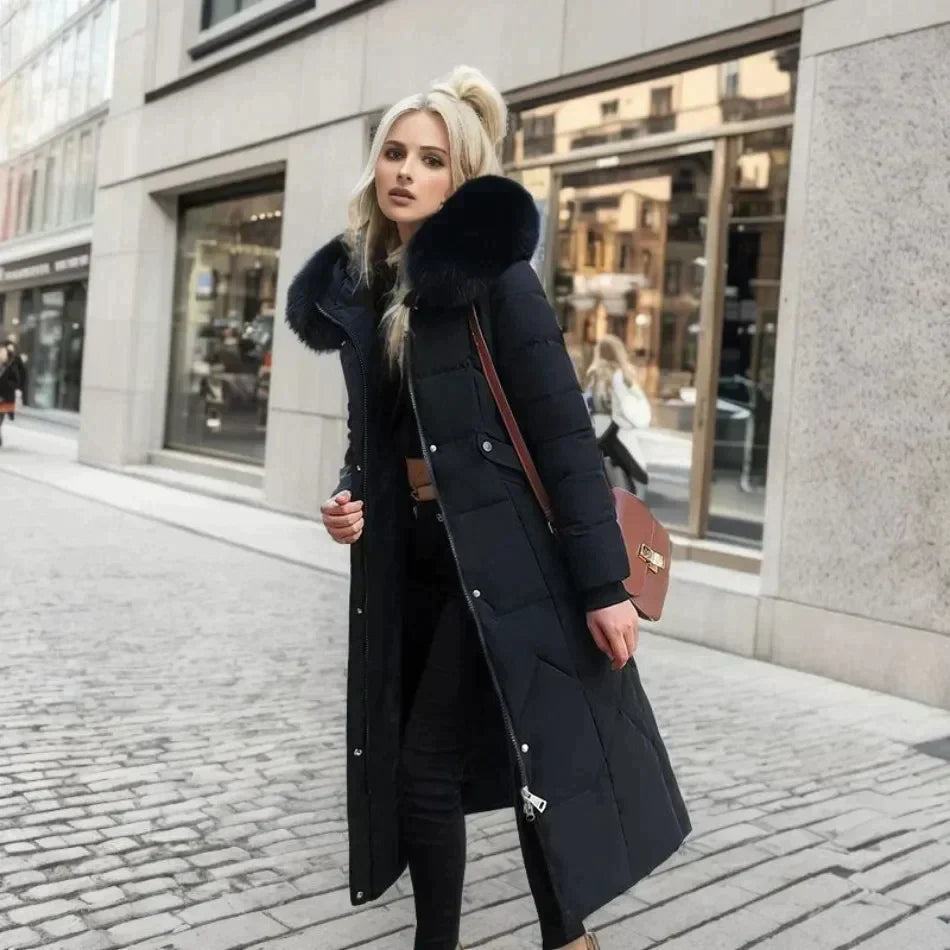 Marine - Manteau d'Hiver Nordiva avec Fausse Fourrure: Long et Élégant