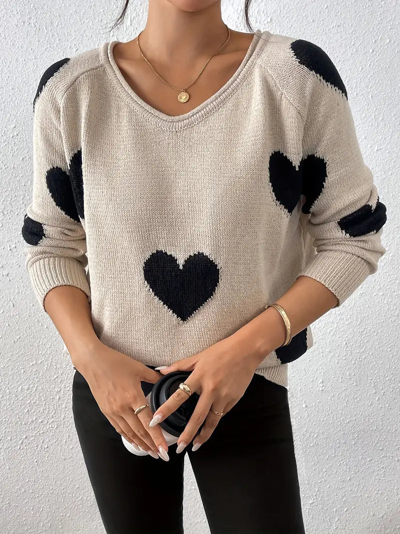 Cécile – Pull à col V avec motif cœur, parfait pour un look tendance et original