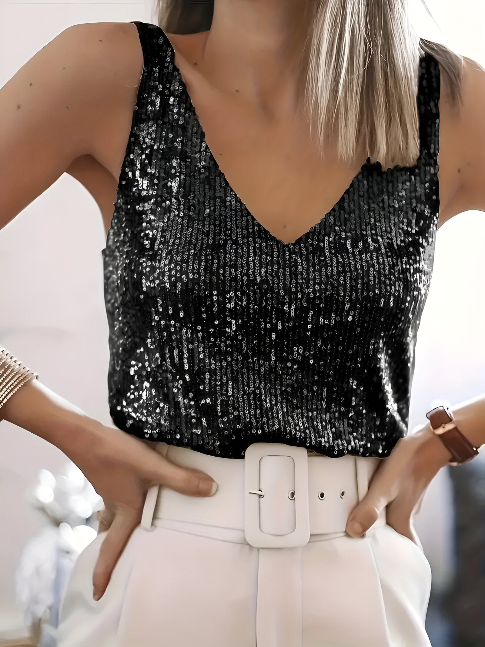 Top Femme À Paillettes Sans Manches Col V - Cosima
