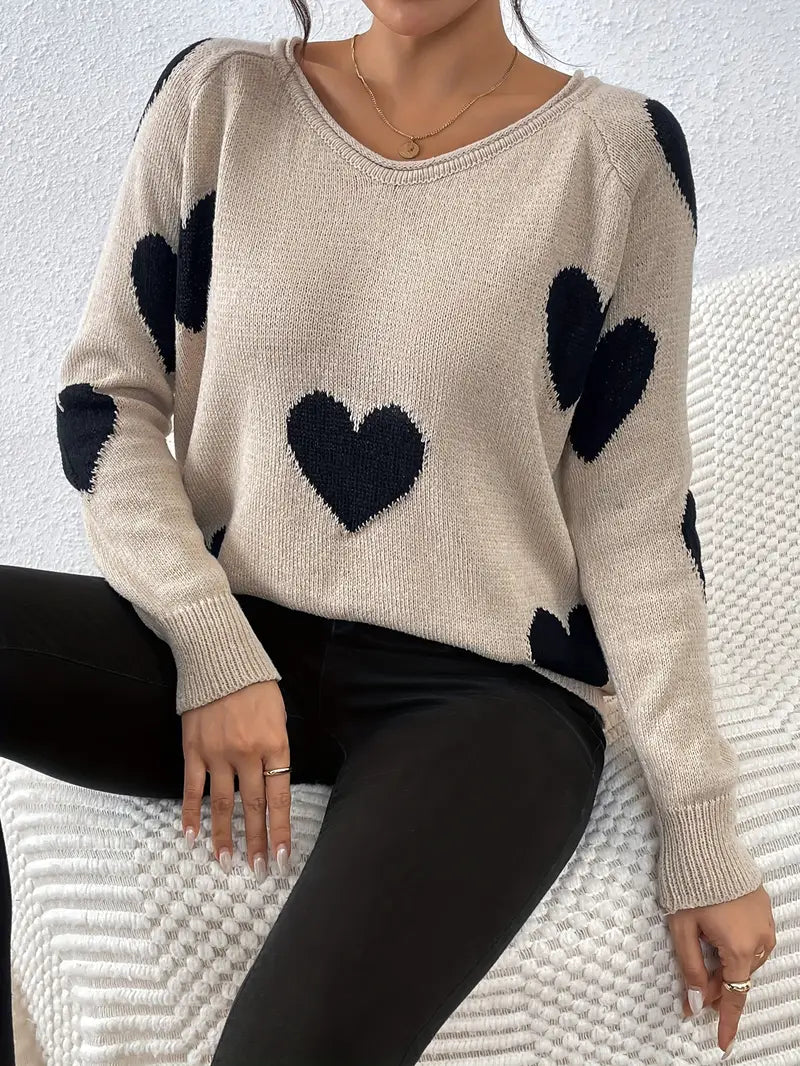 Cécile – Pull à col V avec motif cœur, parfait pour un look tendance et original