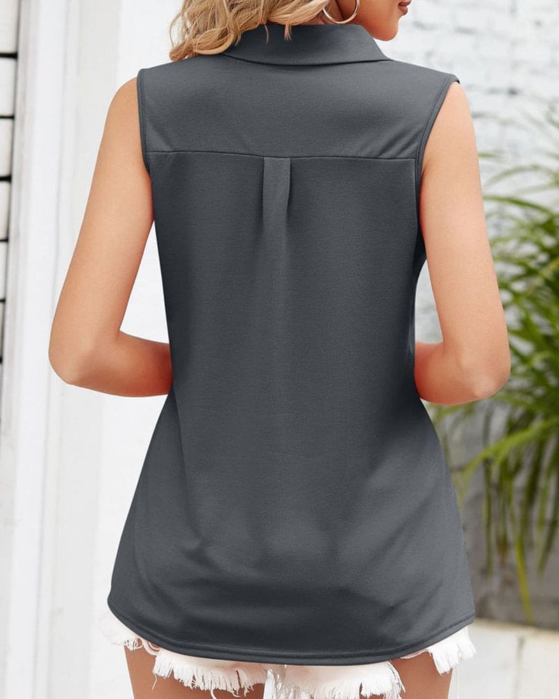 Top Femme Sans Manches Col Polo Fluide Chic - Carla