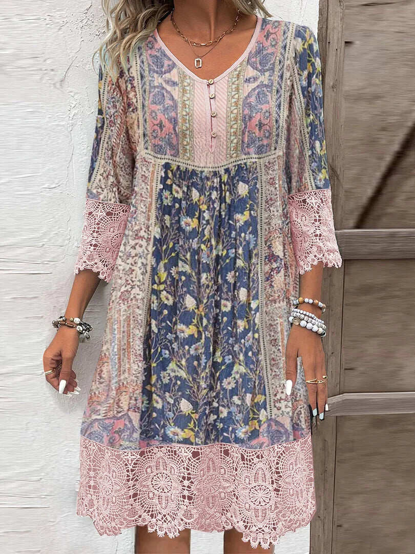 Robe Bohème Femme en Dentelle Fleurie - Marine