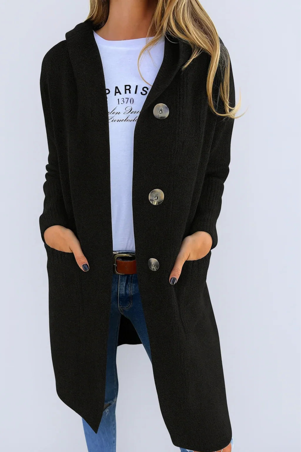 Sophie - Cardigan Élégant Long Boutonné à Capuche