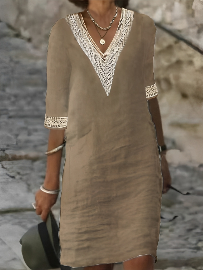 Lucie - Robe Lin Col V Crochet Femme