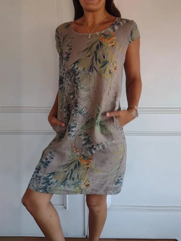 Amandine - Robe en coton-lin imprimé avec col rond et coupe légère