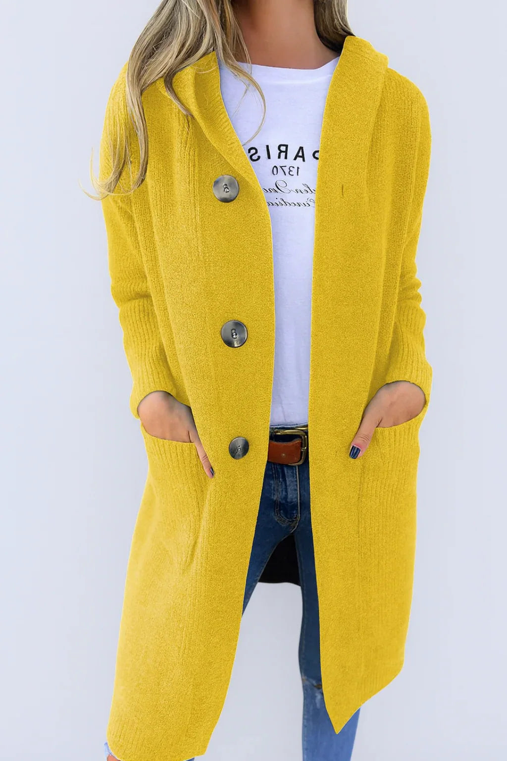 Sophie - Cardigan Élégant Long Boutonné à Capuche