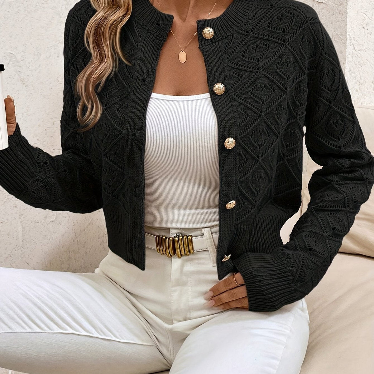 Sylvie - Cardigan Élégant Ajouré Boutonné