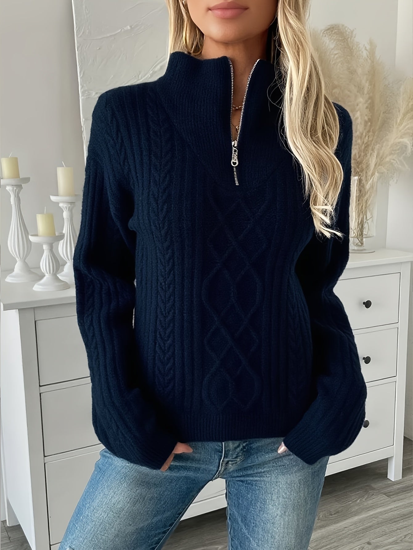 Marguerite - Pull Élégant Torsadé Col Zippé