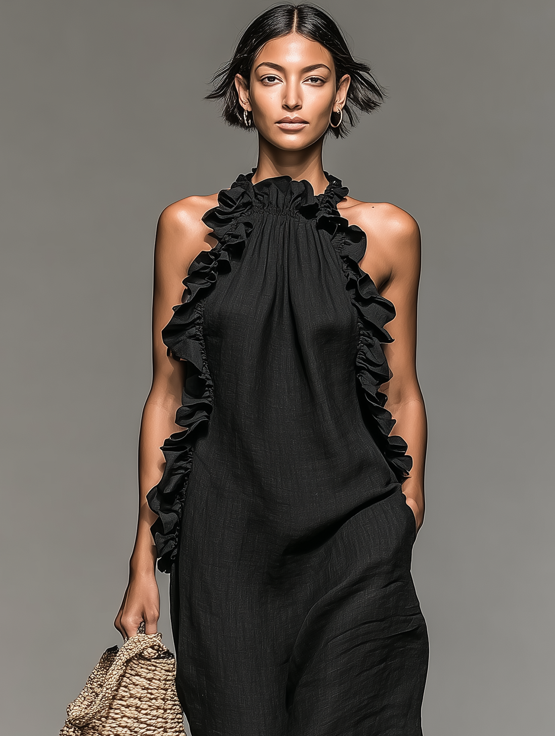 Robe longue femme en lin à volants - Marine