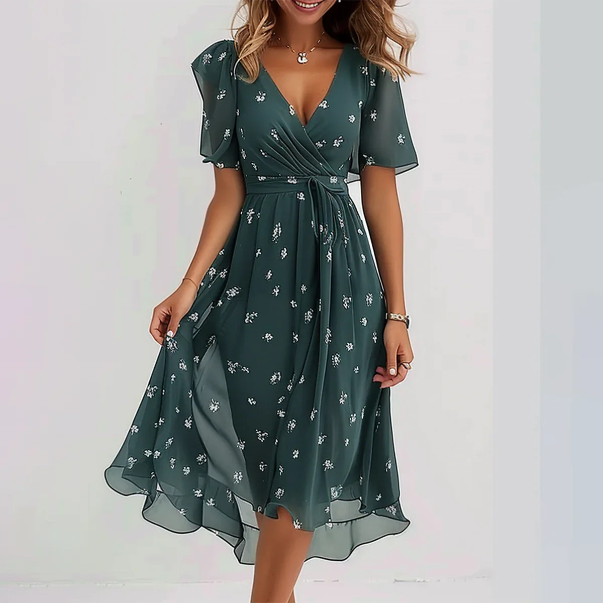 Léa - Robe midi à imprimé floral vert émeraude pour un style élégant