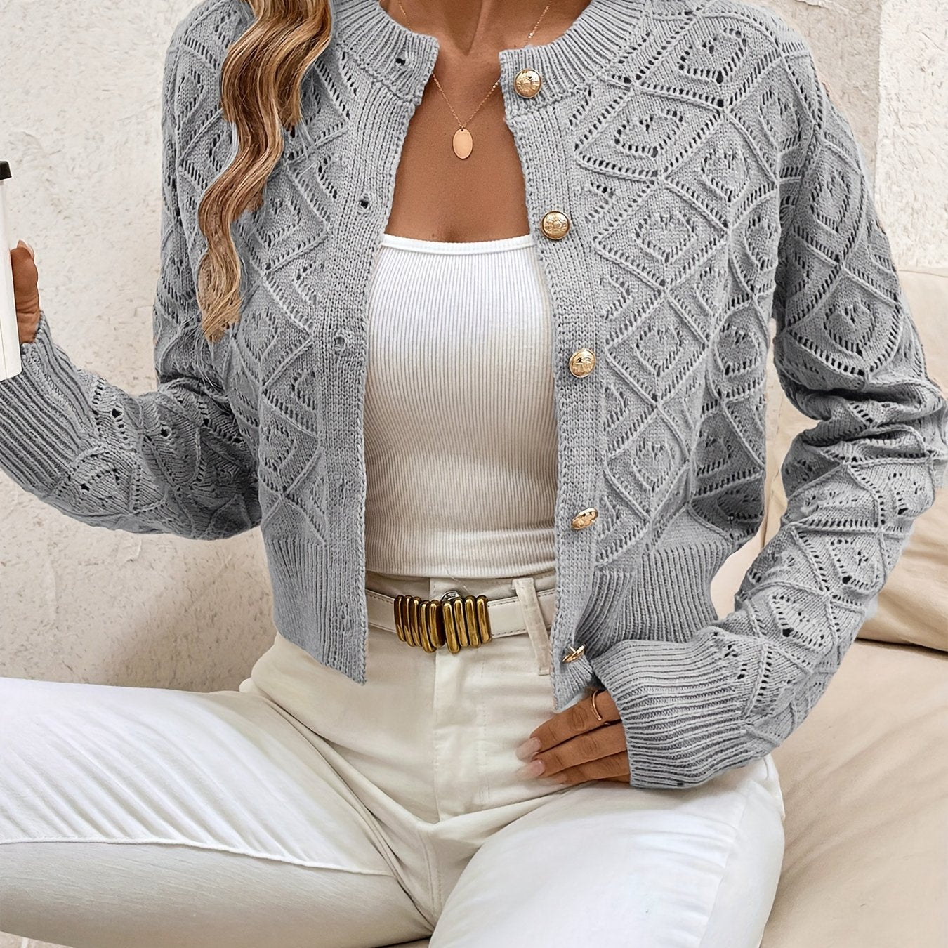 Sylvie - Cardigan Élégant Ajouré Boutonné