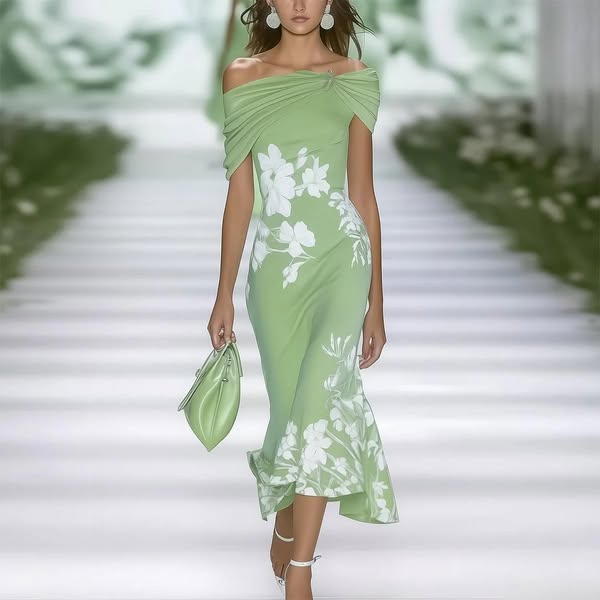 Hélène - Robe Midi Femme Fleurie Épaules Dénudées