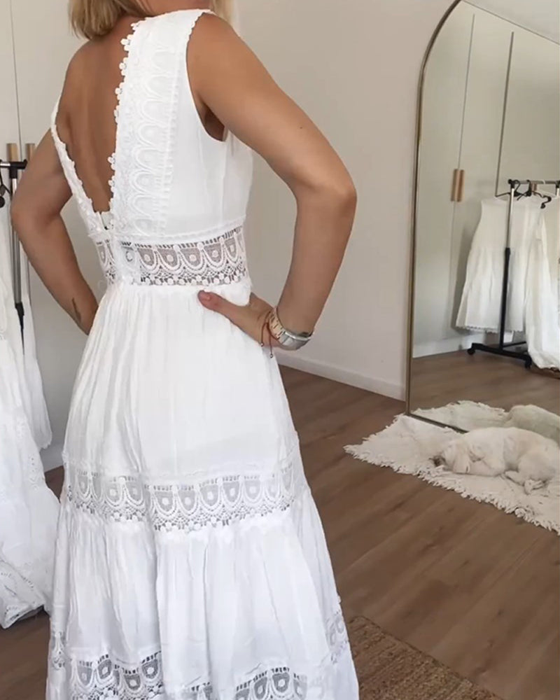 Robe Longue Femme En Dentelle Blanche Bohème - Nathalie