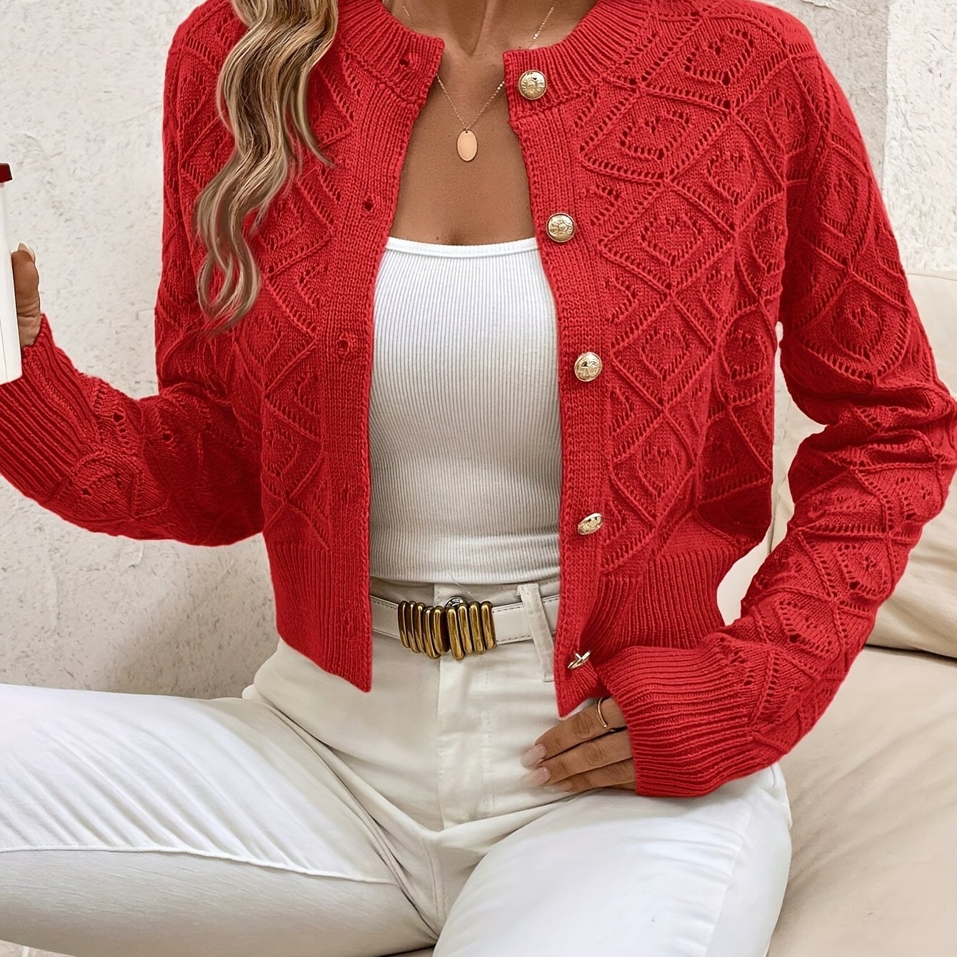 Sylvie - Cardigan Élégant Ajouré Boutonné