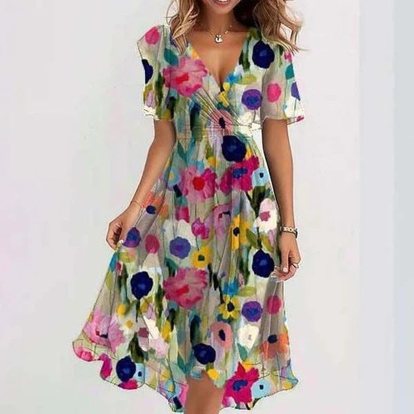 Robe Midi Femme Fleurie Col V - Marine