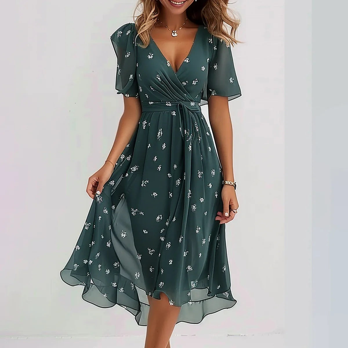 Robe Midi Femme Fleurie Col V - Marine