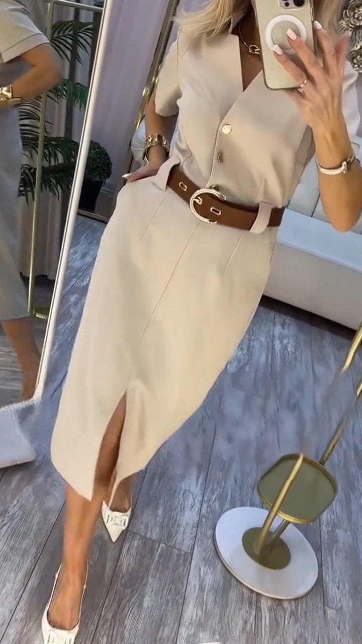 Robe midi femme ceinturée à fente - Caroline