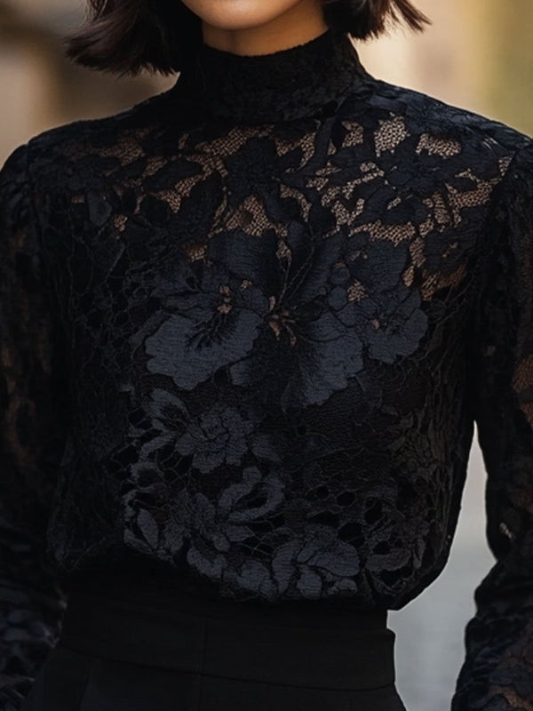 Valérie - Blouse Dentelle Élégante Col Haut Femme