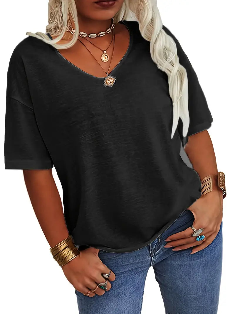 T-Shirt Femme Col V Manches Courtes Ample - Elba