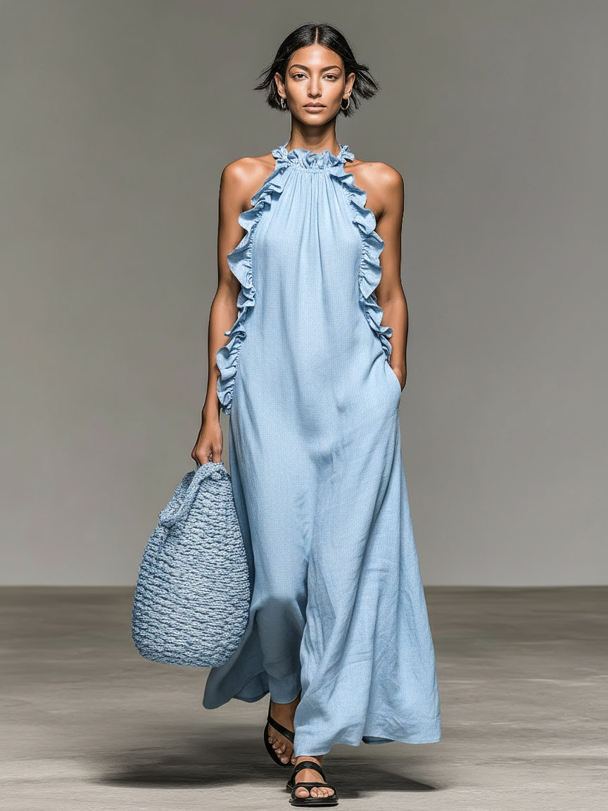Robe longue femme en lin à volants - Marine