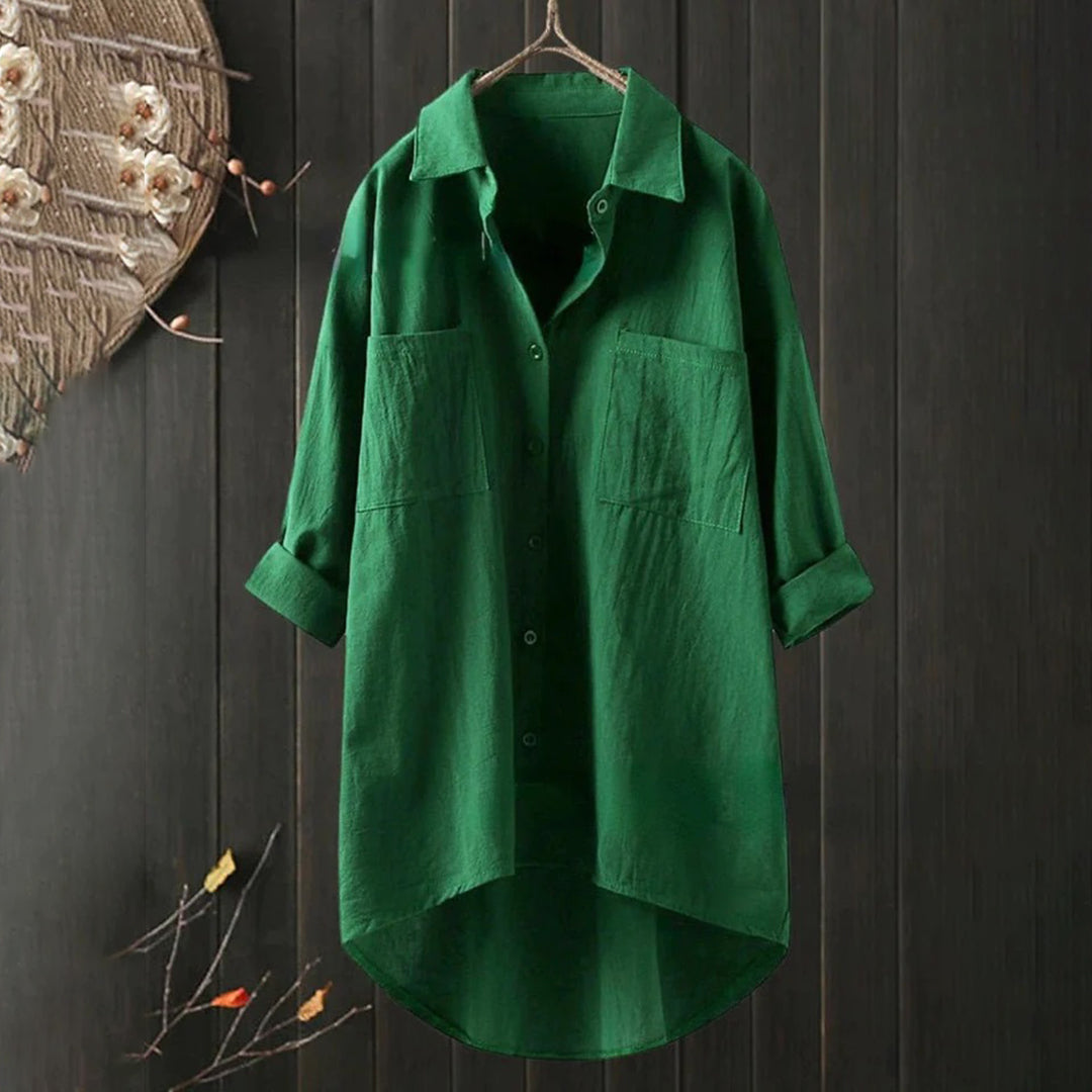 Marine - Blouse Lin Longue Oversized Élégante Femme