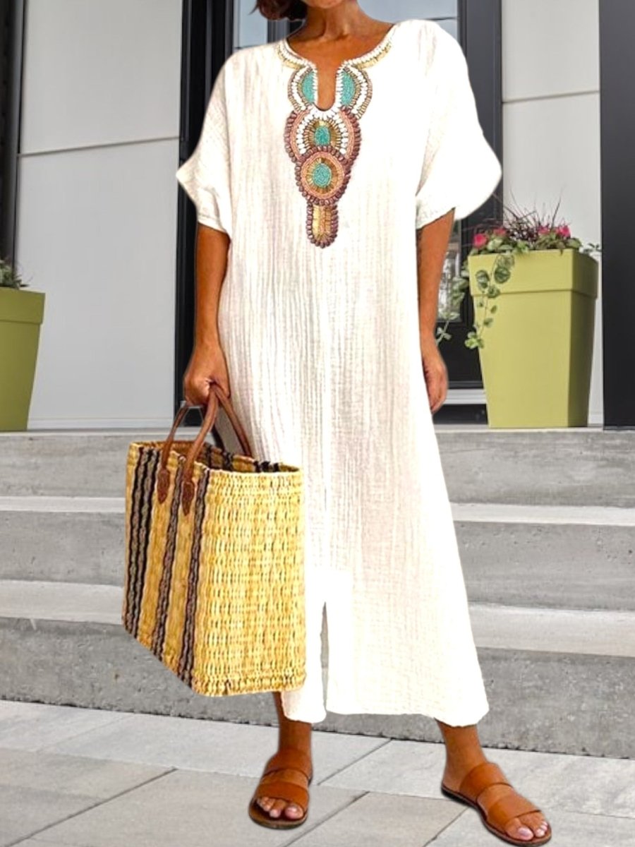Nathalie - Robe Caftan Boho Brodée Femme