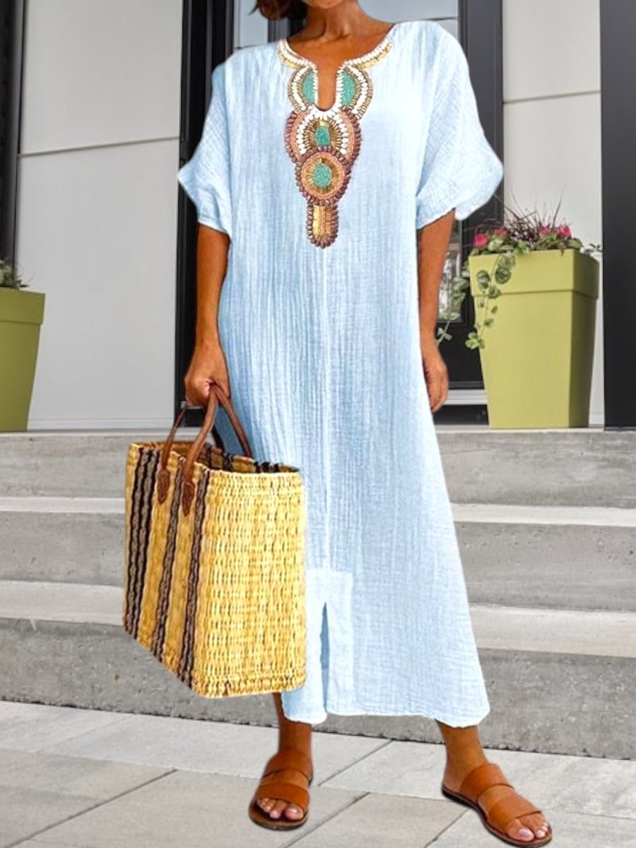 Nathalie - Robe Caftan Boho Brodée Femme