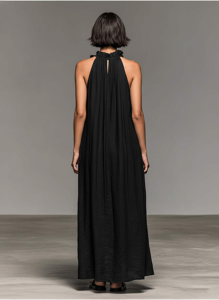 Robe longue femme en lin à volants - Marine